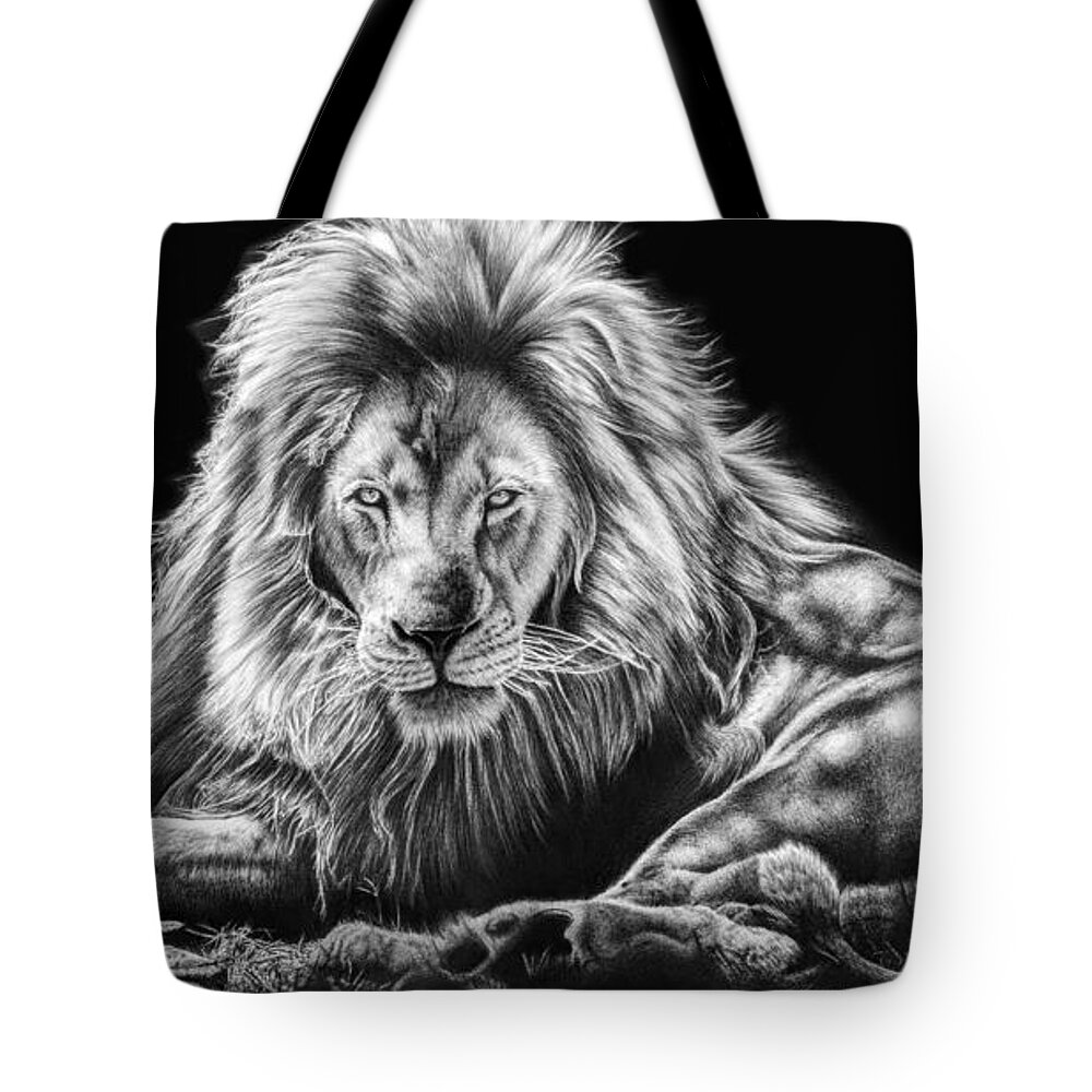 Lion Tote Bag featuring the drawing Reliance by Casey 'Remrov' Vormer
