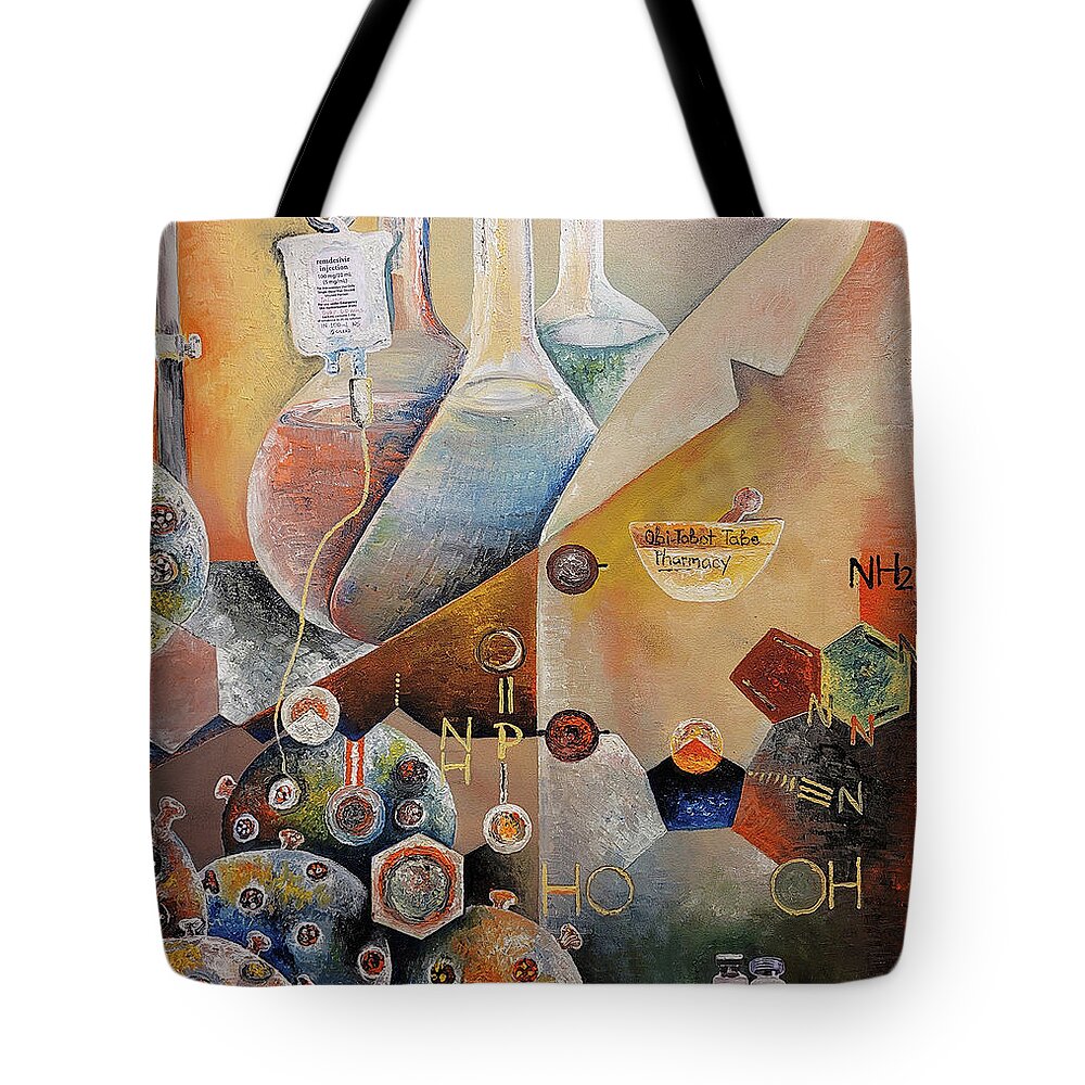 Abstract Tote Bag featuring the painting Remdesivir and the Pharmacist's Role in the COVID-19 Pandemic by Obi-Tabot Tabe