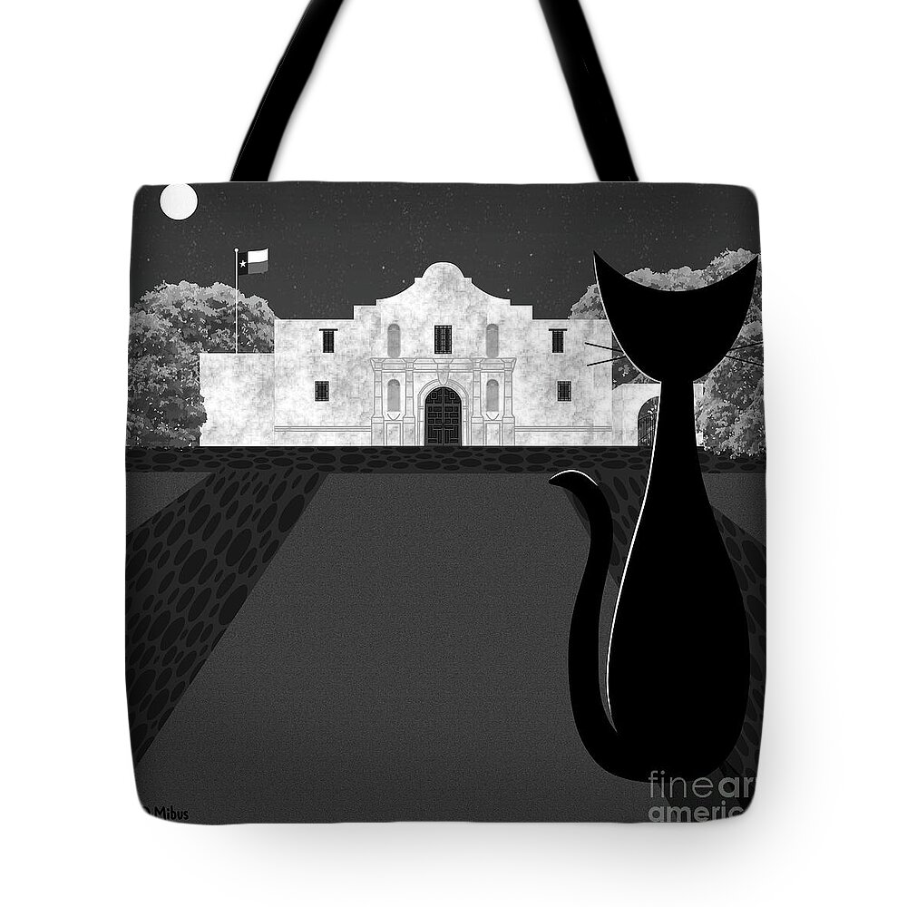 Mid Century Black Cat Tote Bag featuring the digital art Remember the Alamo Cat by Donna Mibus