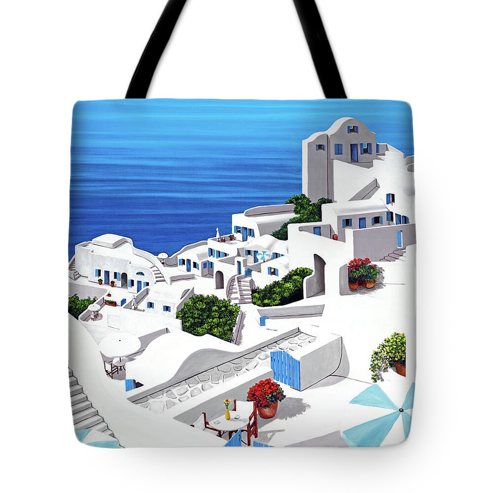 Santorini Tote Bag featuring the painting Remembering Santorini-Prints-wider view by Mary Grden