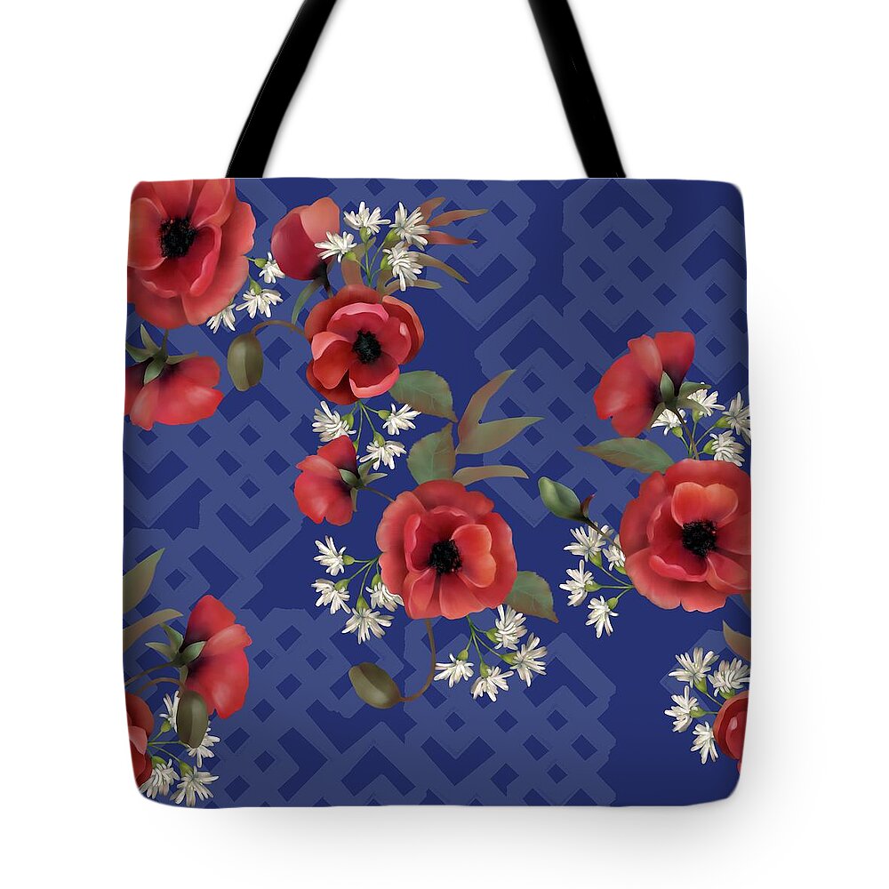 Poppies Tote Bag featuring the digital art Remembrance Blue Floral by Sand And Chi