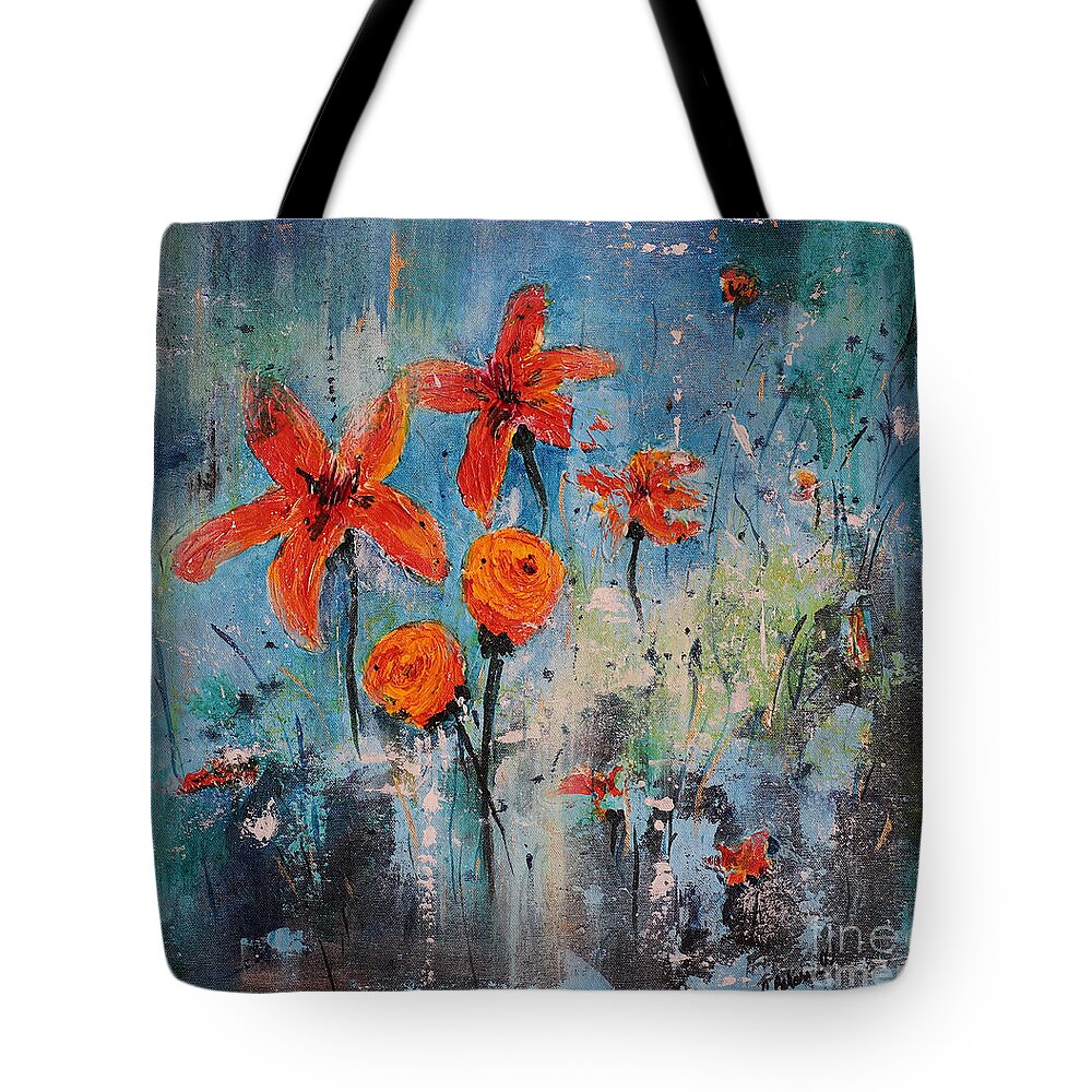 Orange Tote Bag featuring the painting Renewal Floral Abstract by Cathy Beharriell