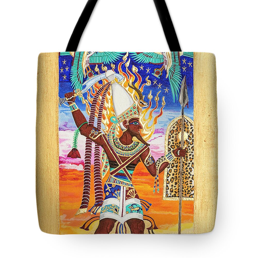 Reshpu Tote Bag featuring the mixed media Reshpu Lord of Might by Ptahmassu Nofra-Uaa