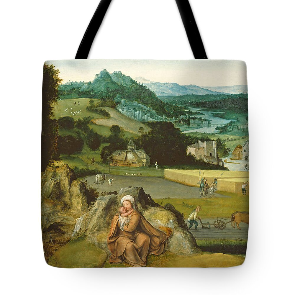 Joachim Patinir Tote Bag featuring the painting Rest on the Flight into Egypt and the Miraculous Field of Wheat by Joachim Patinir