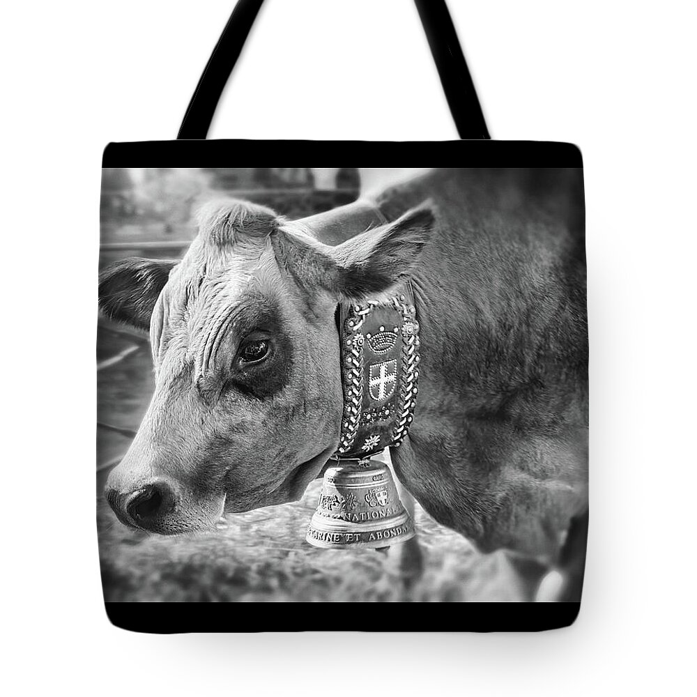 Annecy Tote Bag featuring the photograph Retour des Alpages Annecy France Black and White by Carol Japp