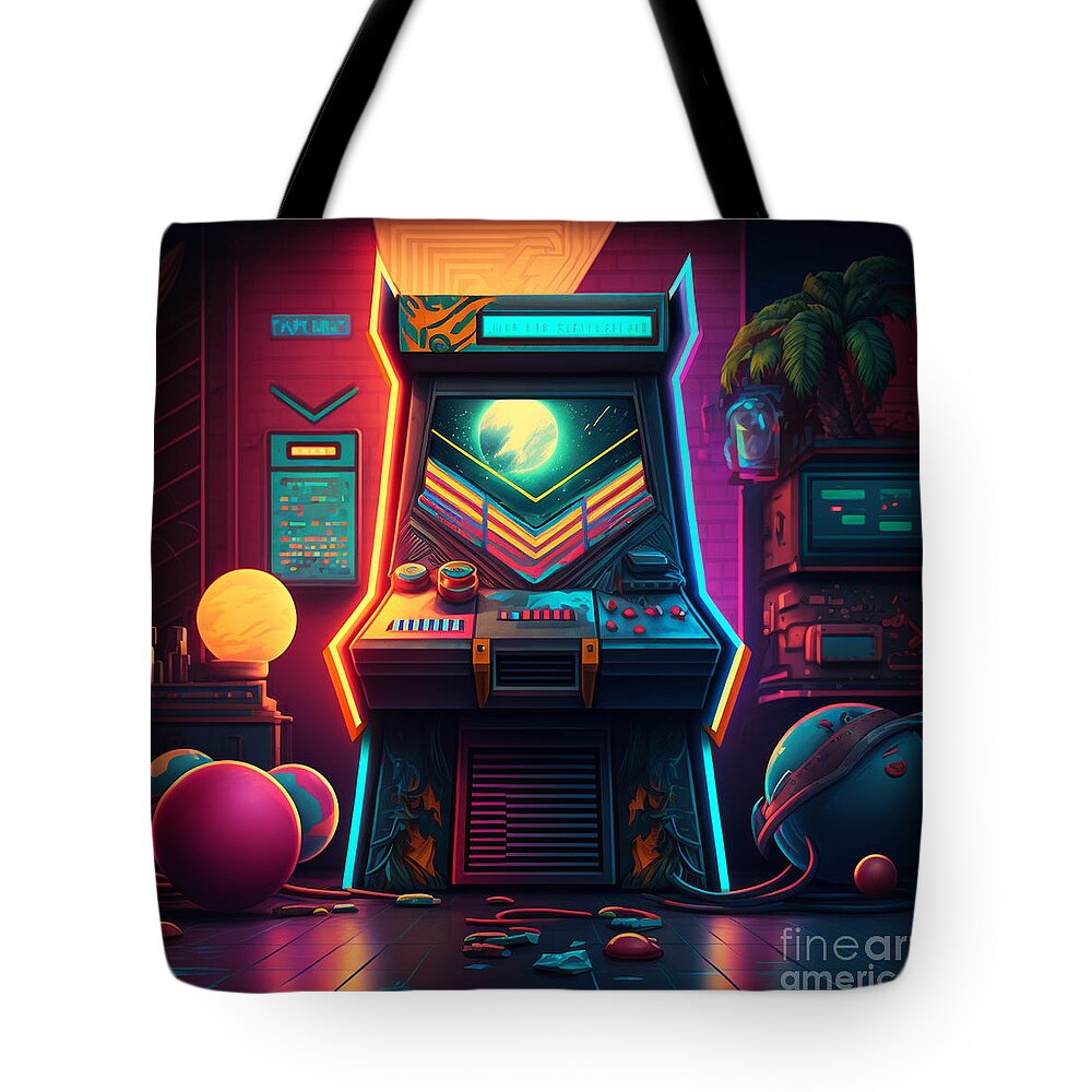 Retro Tote Bag featuring the digital art Retro 80s Arcade Cabinet Neon Abstract by Flippin Sweet Gear