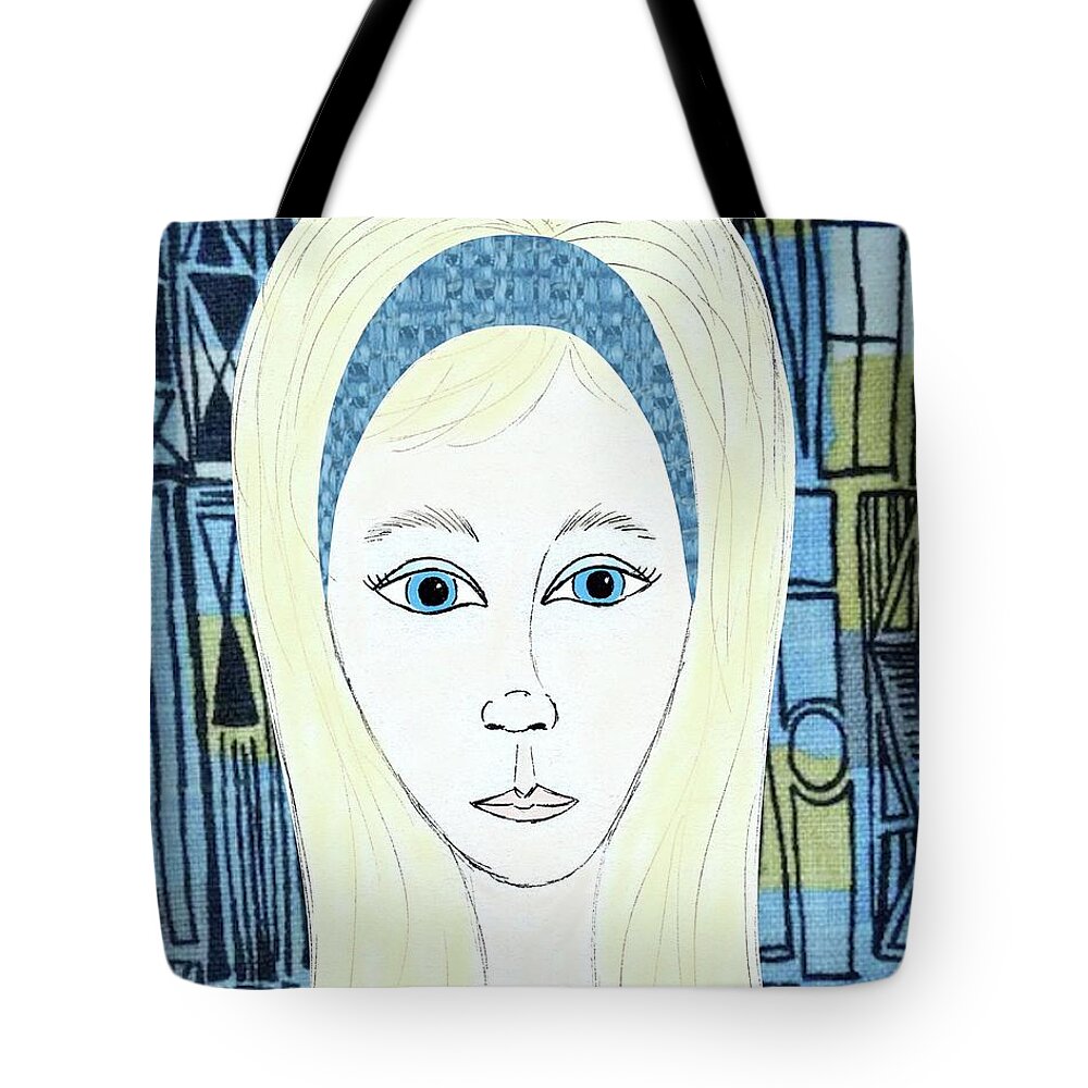 Retro Portrait Tote Bag featuring the mixed media Retro Face in Blue by Donna Mibus