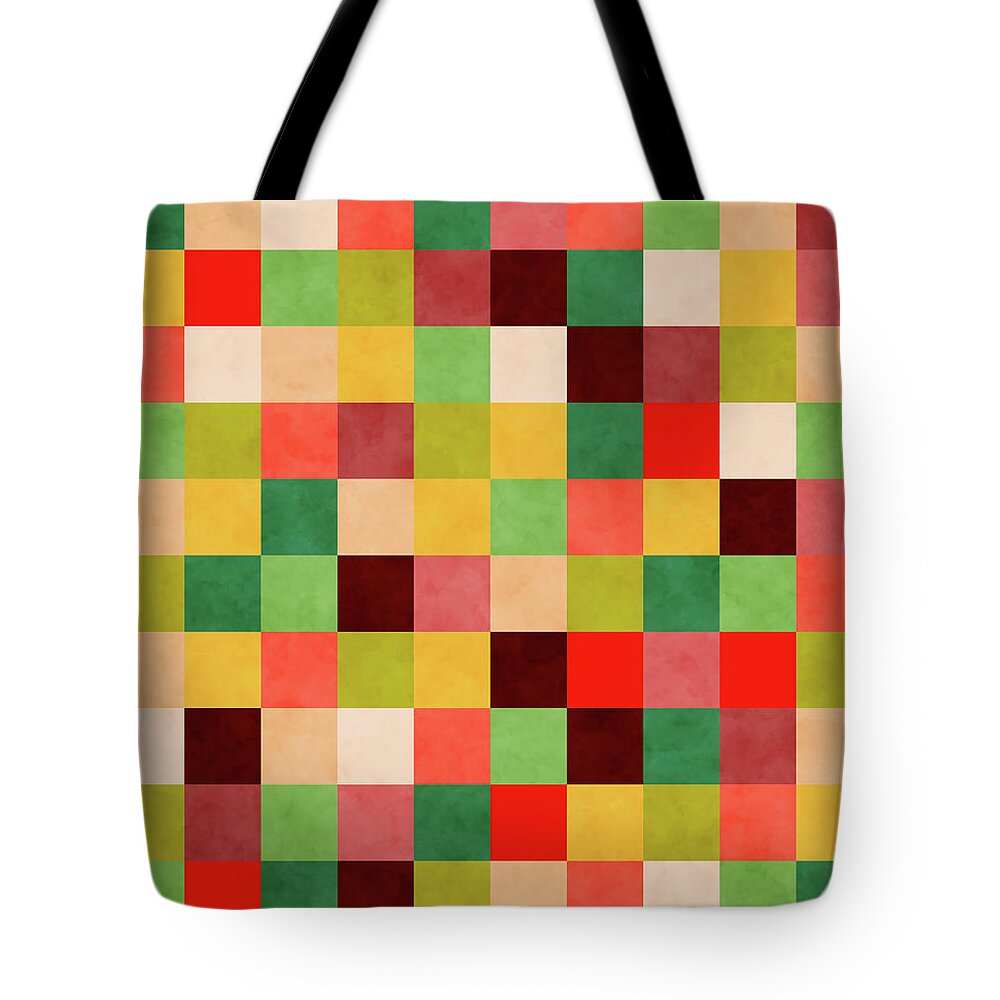 Geometric Tote Bag featuring the digital art Retro Geometric Mosaic Pattern - Red, Yellow, Green by Studio Grafiikka