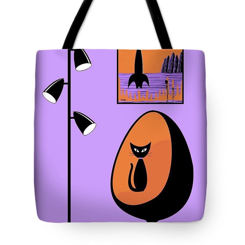 Mid Century Modern Tote Bag featuring the digital art Orange and Purple Space Aliens by Donna Mibus