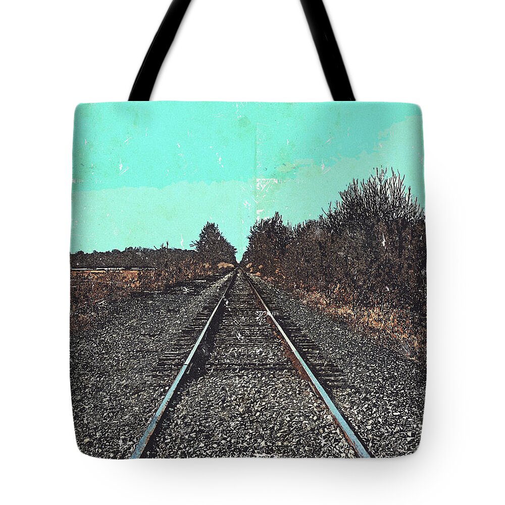 Retro Vintage Style Train Tracks Tote Bag featuring the mixed media Retro Vintage Style Train Tracks by Dan Sproul