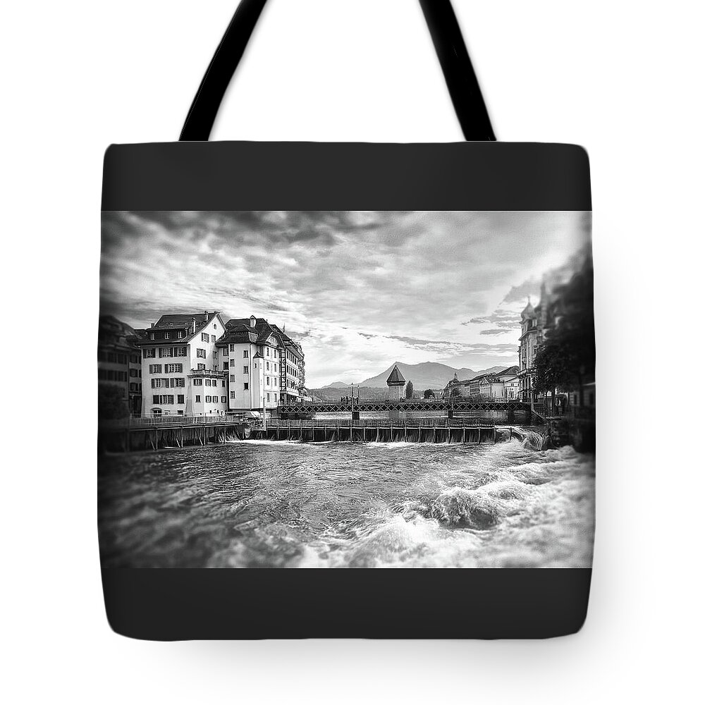 Lucerne Tote Bag featuring the photograph Reuss River Lucerne Switzerland Black and White by Carol Japp