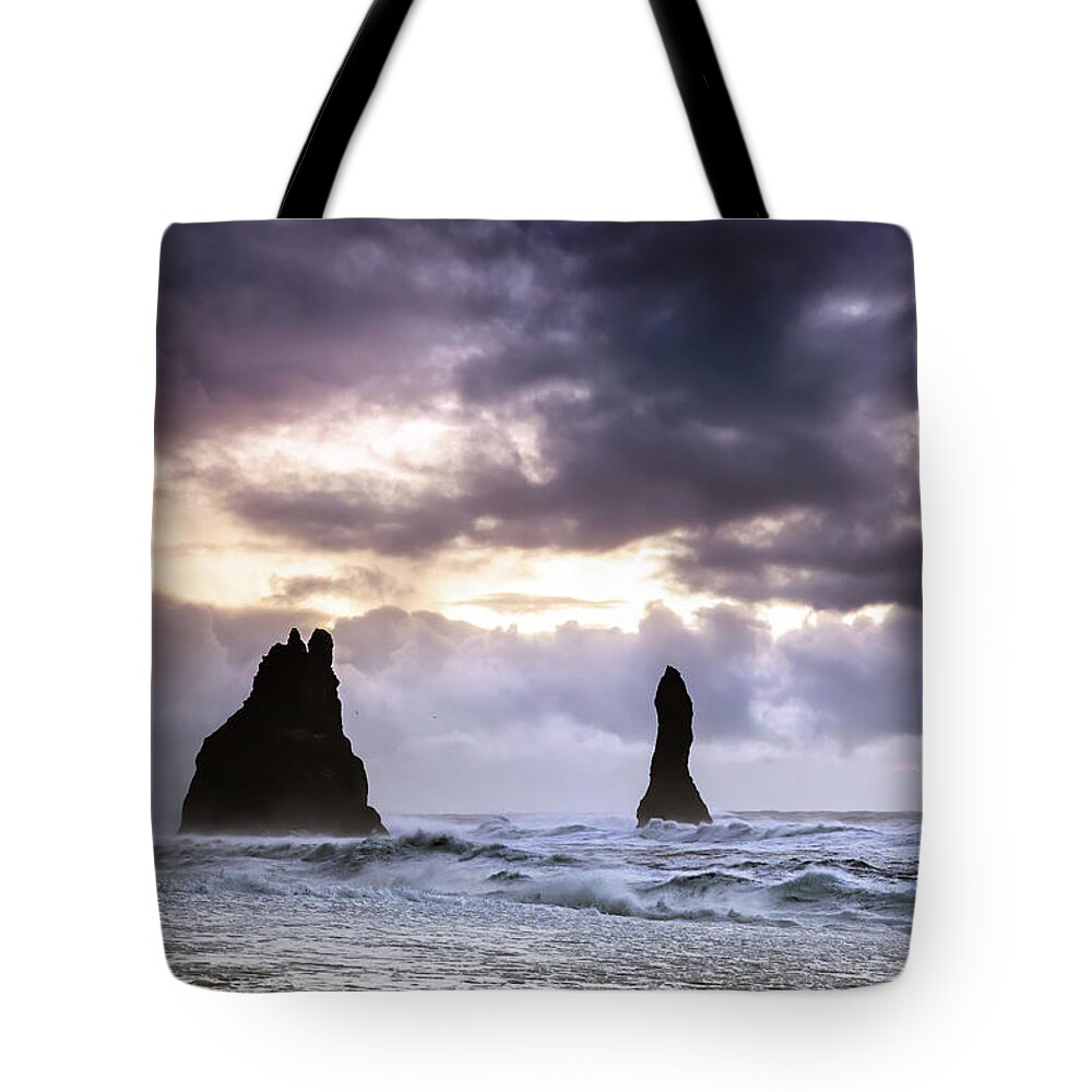 Atlantic Tote Bag featuring the photograph Reynisdrangar basalt rock columns at sunrise, Iceland by Jane Rix