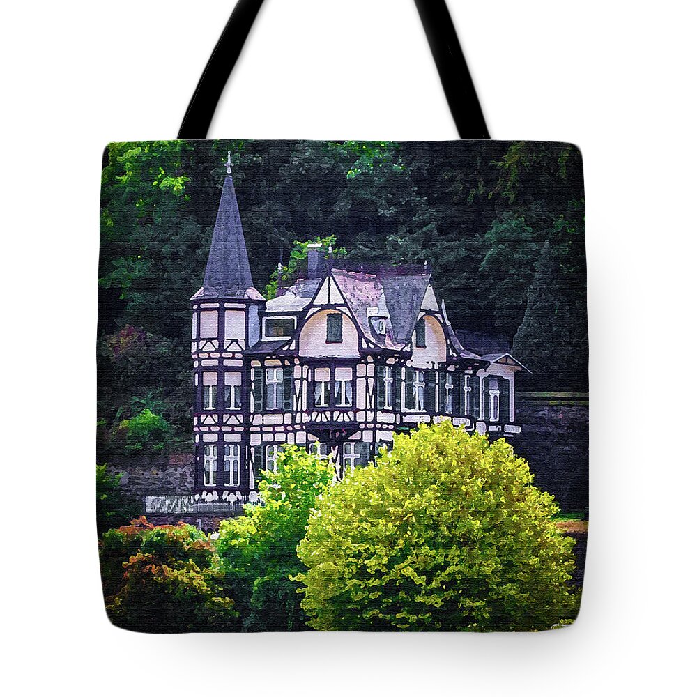 Rhine River Gorge Tote Bag featuring the digital art Rhine Gorge Manor House, Dry Brush on Canvas by Ron Long Ltd Photography