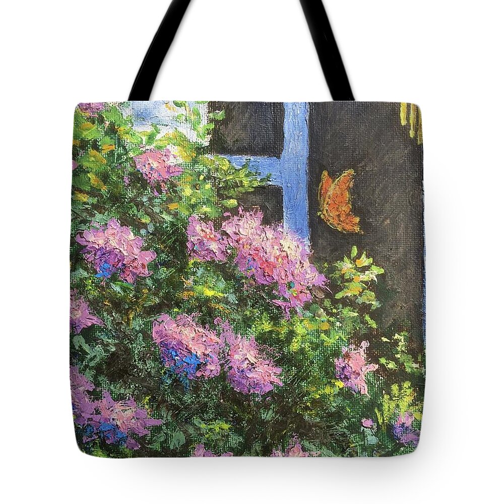 Pink Tote Bag featuring the painting Rhododendron and butterfly by Terre Lefferts