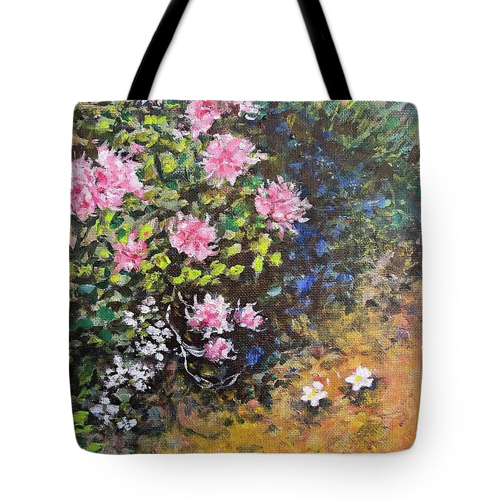 Pink Rhododendrons Tote Bag featuring the painting Rhododendrons by the stream by Terre Lefferts