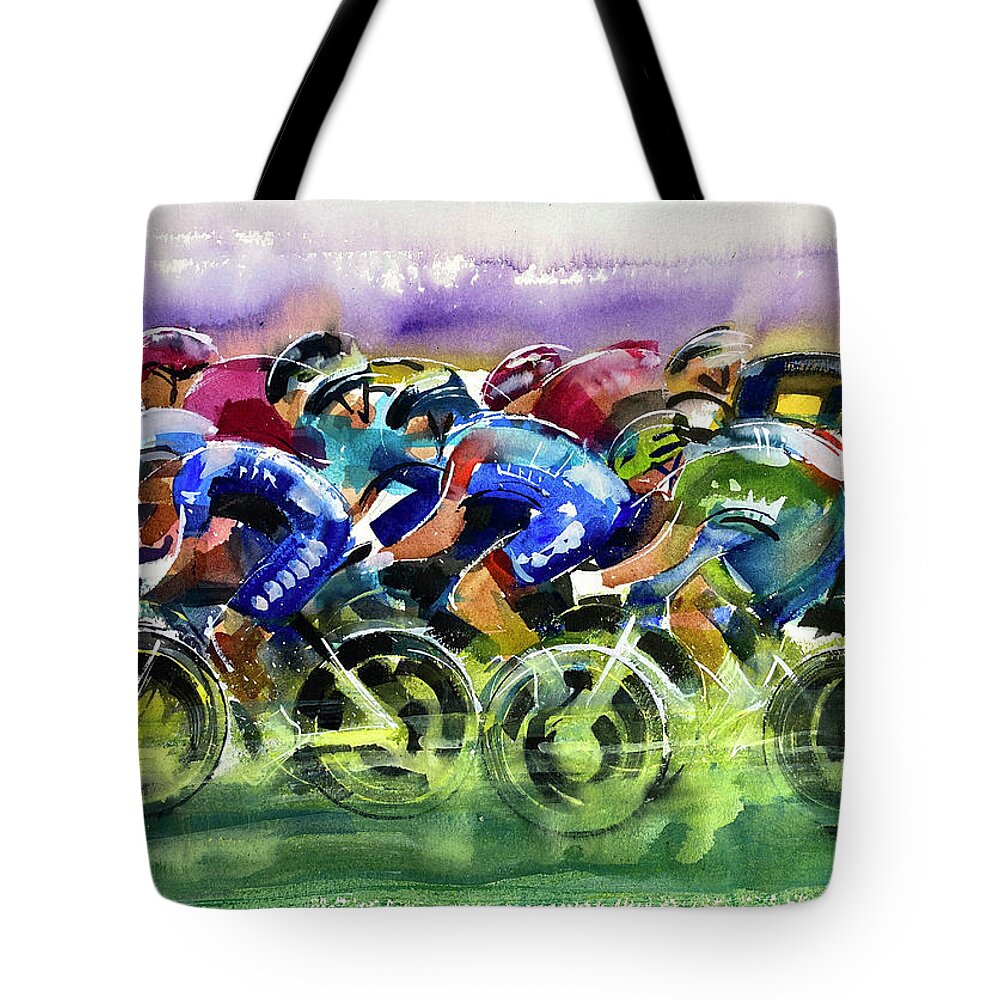 Le Tour De France Tote Bag featuring the painting Rhythm and Speed Stage 3 TDF 2021 by Shirley Peters