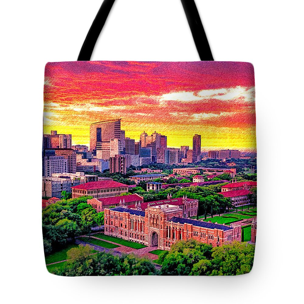 Rice University Tote Bag featuring the digital art Rice University campus with the Texas Medical Center seen in the distance at sunset, in Houston by Nicko Prints