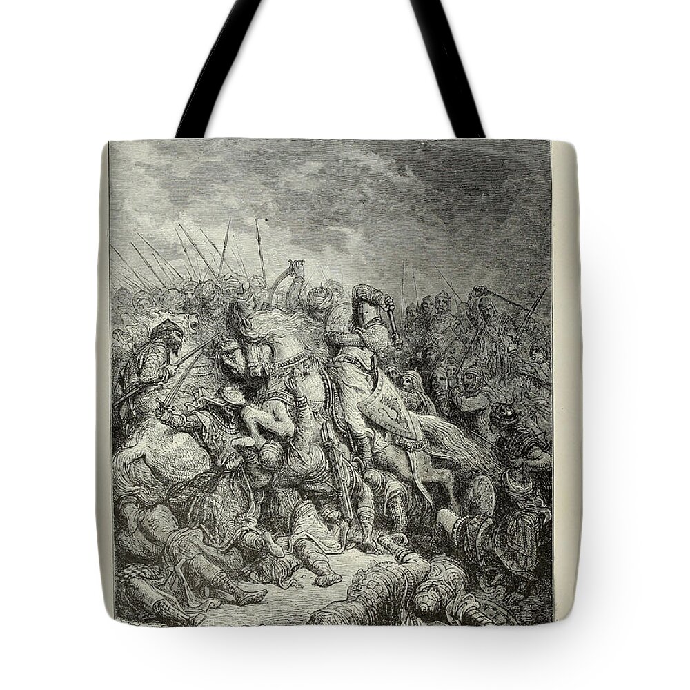 Battle Tote Bag featuring the drawing Richard and Saladin at the battle of Arsur v1 by Historic illustrations