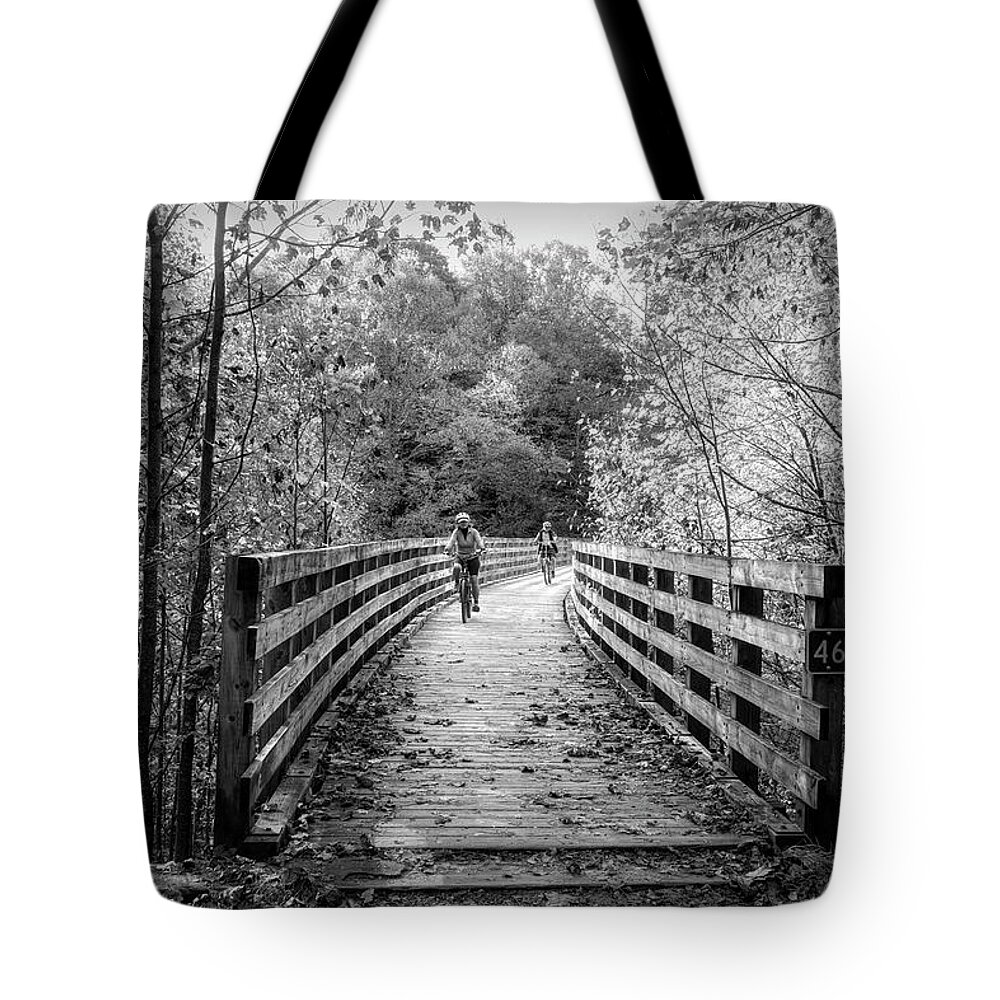 Fall Tote Bag featuring the photograph Riding the Creeper Trail in Autumn Damascus Virginia Black and W by Debra and Dave Vanderlaan