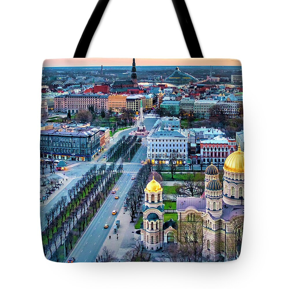 Panoramic Tote Bag featuring the photograph Riga's Skyline by Fabrizio Troiani
