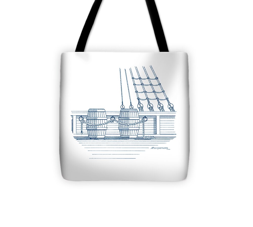 Sailing Vessels Tote Bag featuring the drawing Rigging lader and water barrels by Panagiotis Mastrantonis