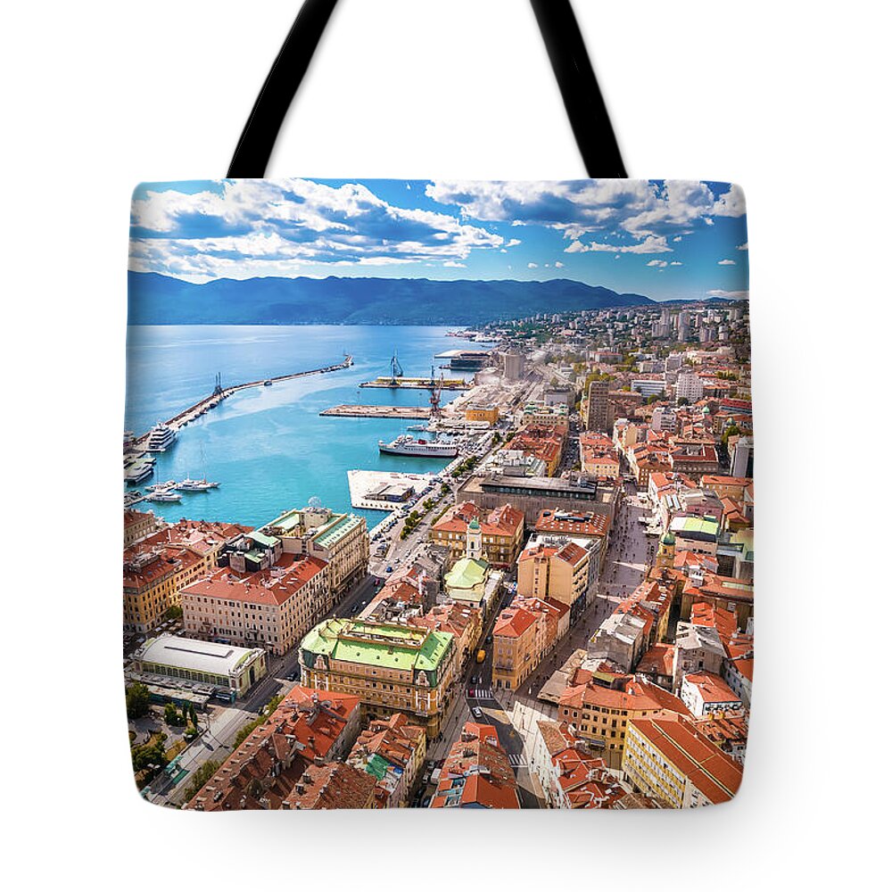 Rijeka Tote Bag featuring the photograph Rijeka city center and waterfront aerial view by Brch Photography