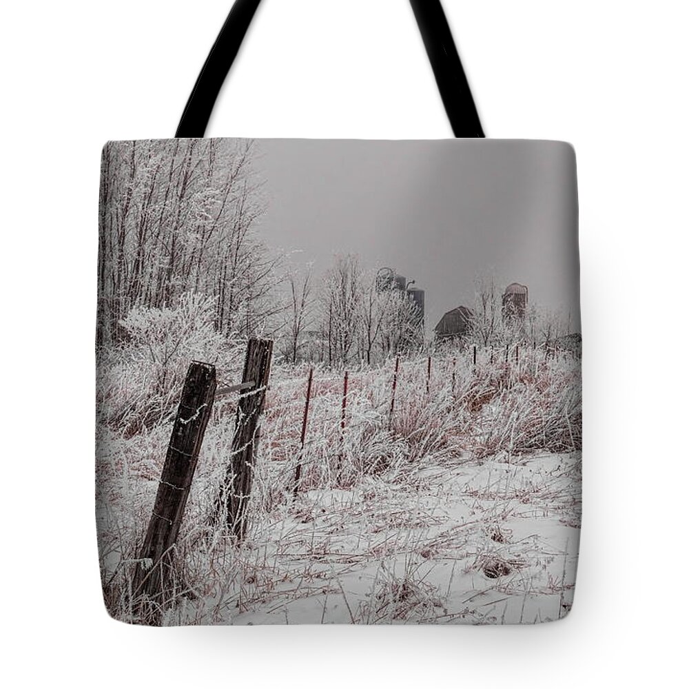 Winter Tote Bag featuring the photograph Rime Ice Farm Fence Line by Dale Kauzlaric