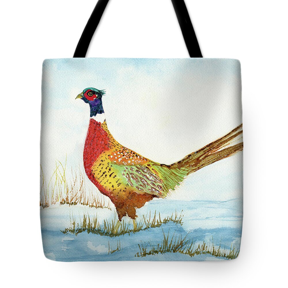 Bird Tote Bag featuring the painting Ring-Neck Pheasant in the Snow watercolor by Deborah League