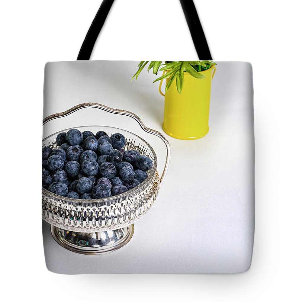 Tabletop Tote Bag featuring the photograph Ripe Blueberries in Silver Bowl by Charles Floyd