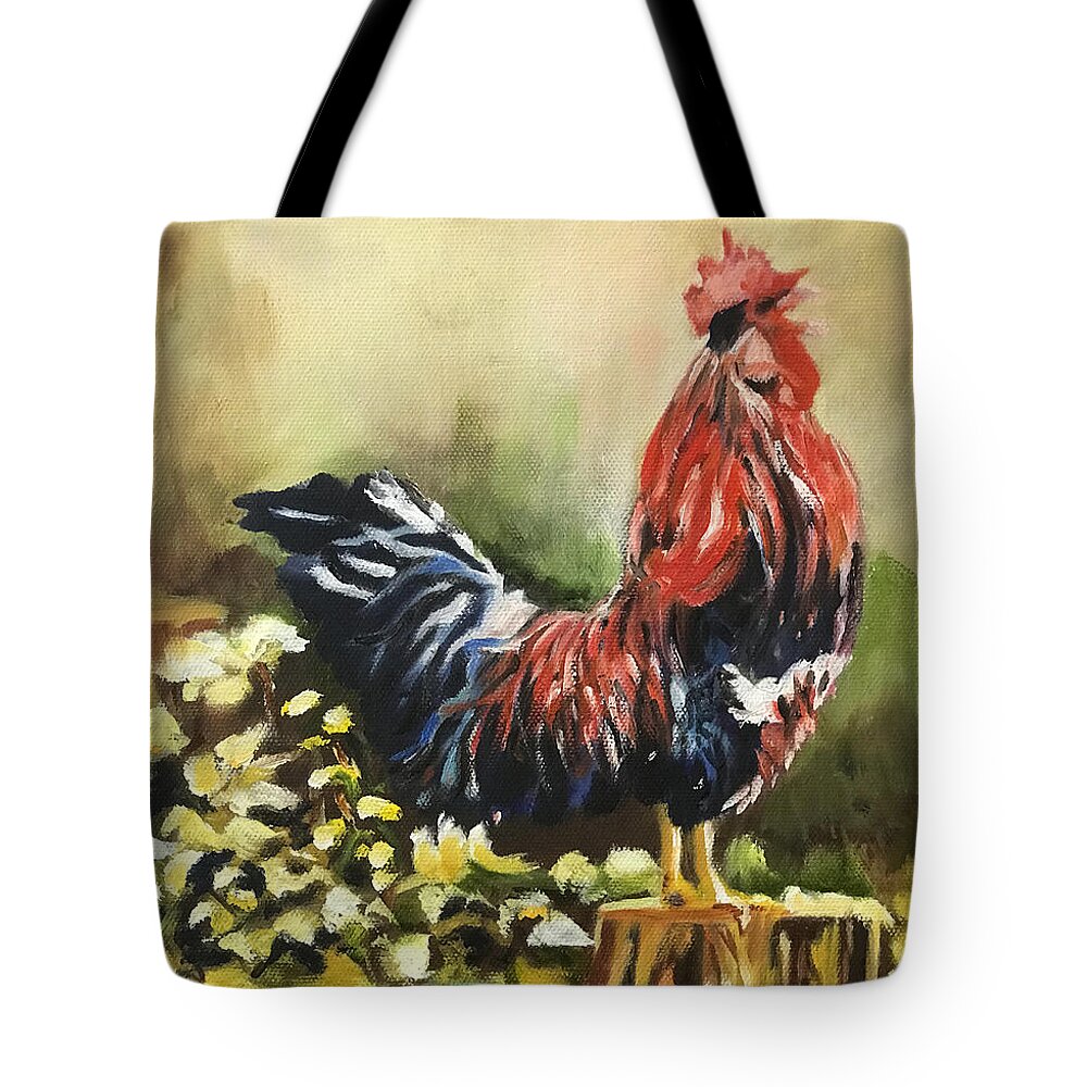 Colorful Rooster Tote Bag featuring the painting Rise and Shine by Juliette Becker