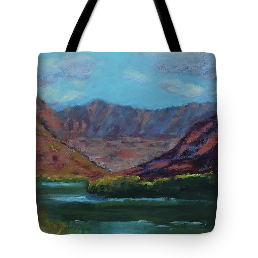 Colorado River Tote Bag featuring the painting River Bend by Mary Benke