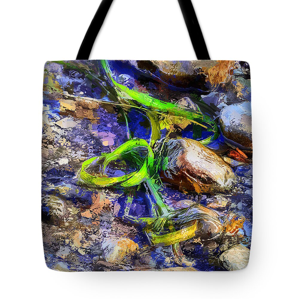 Green Algae Tote Bag featuring the mixed media River green algae and rocks by Tatiana Travelways