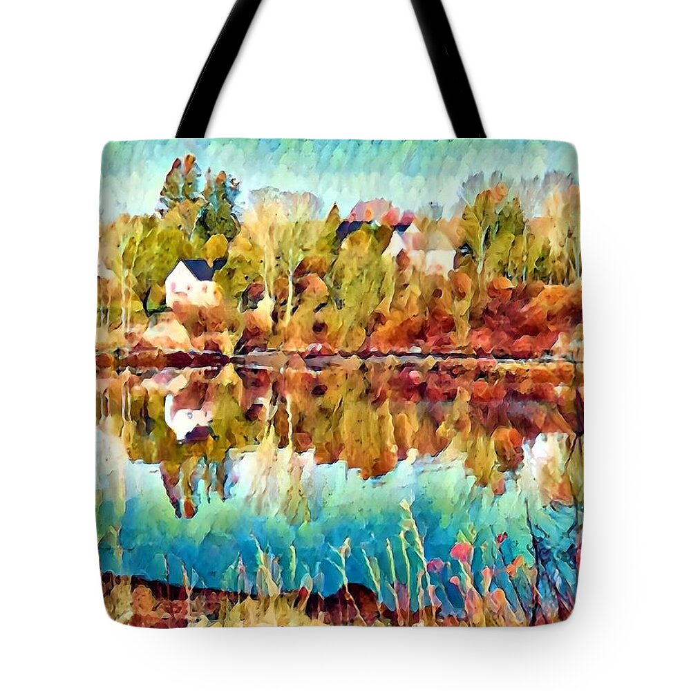 Landscape Tote Bag featuring the mixed media River Reflections in Autumn by Lisa Pearlman