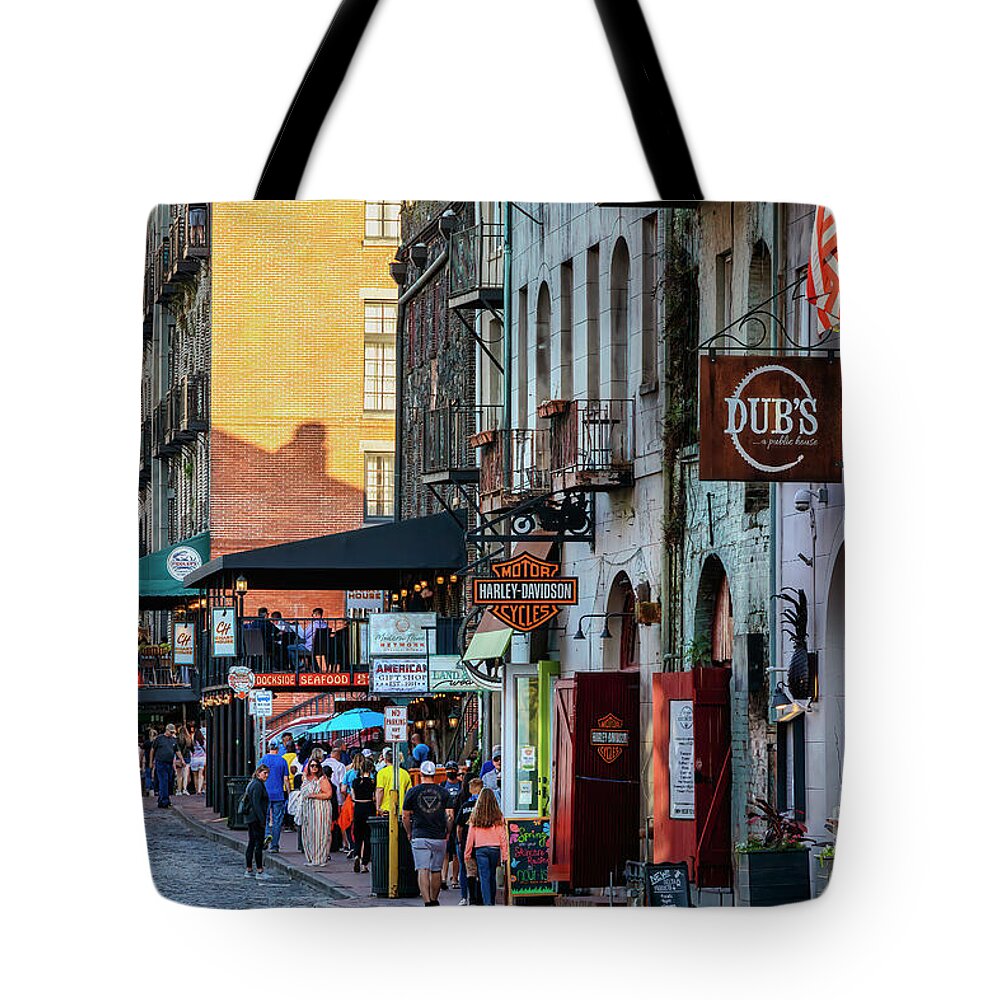 River Tote Bag featuring the photograph River Street bustling with activity in downtown Savannah by Shelia Hunt