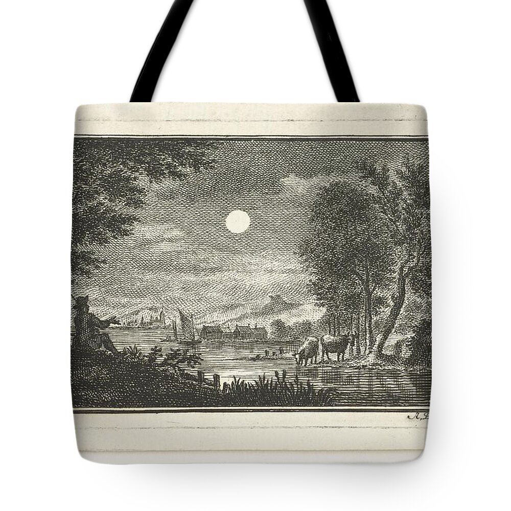 Vintage Tote Bag featuring the painting River view with herder in moonlight, Abraham Delfos, after Dirk Kuipers, by MotionAge Designs