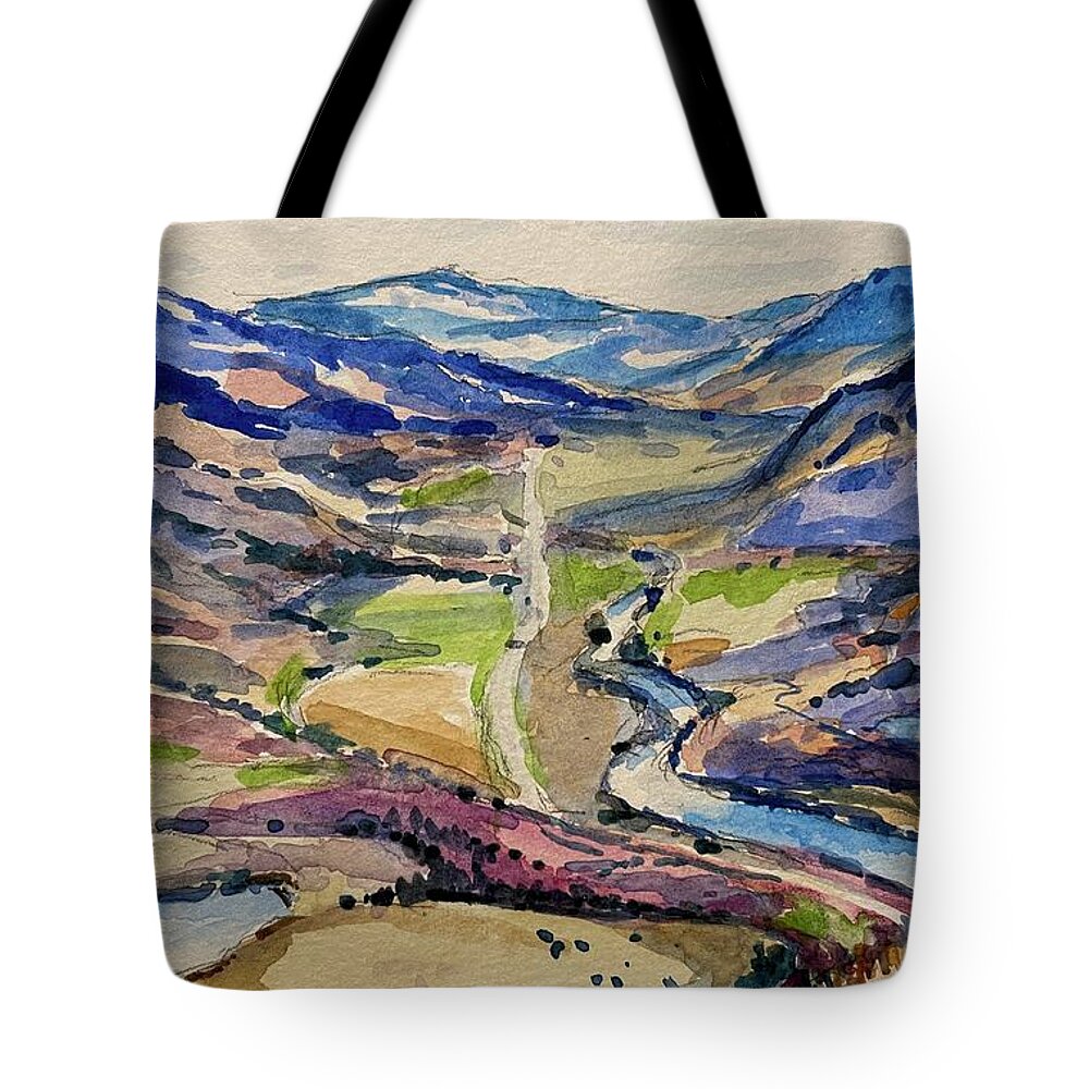 Yellowstone Tote Bag featuring the painting Road to Gardiner by Les Herman