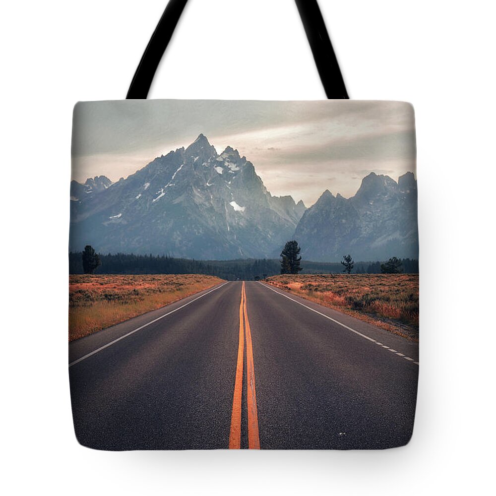 Mountain Tote Bag featuring the photograph Road to the Tetons by Go and Flow Photos