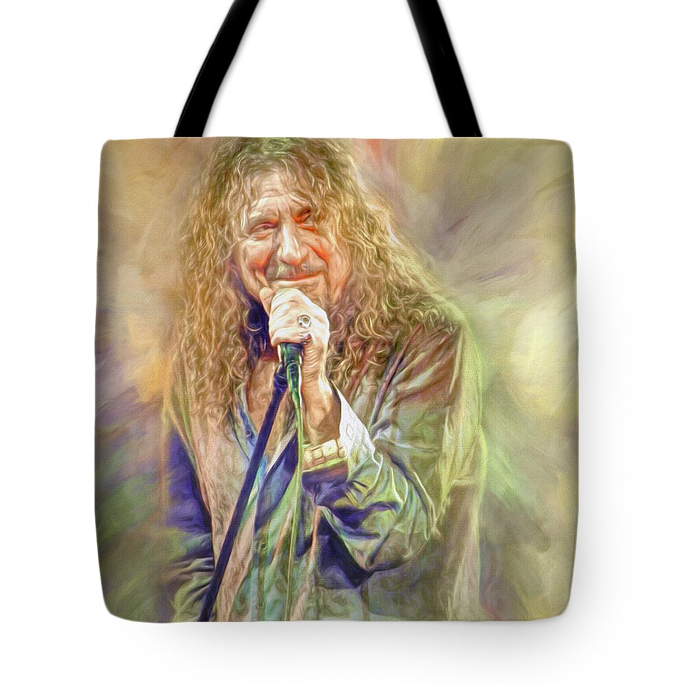 Robert Plant Tote Bag featuring the mixed media Robert Plant Zep by Mal Bray