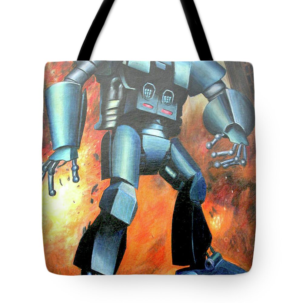 Robot Fire Boy City Color Pencil Drawing Transformer Orange Blue Figure Tote Bag featuring the drawing Robert Robot by Kasey Jones