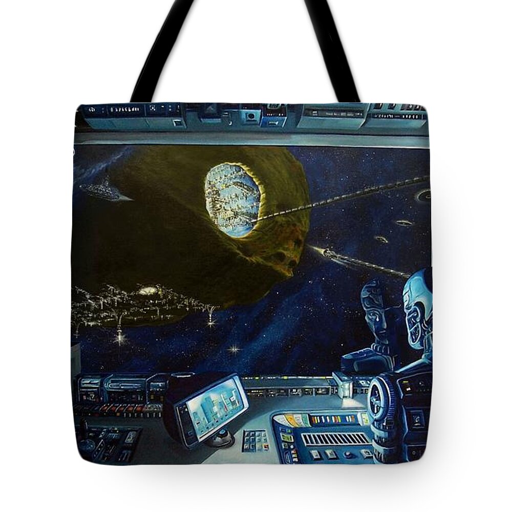 Painting Tote Bag featuring the painting Robot at the helm painting by Murphy Art Elliott