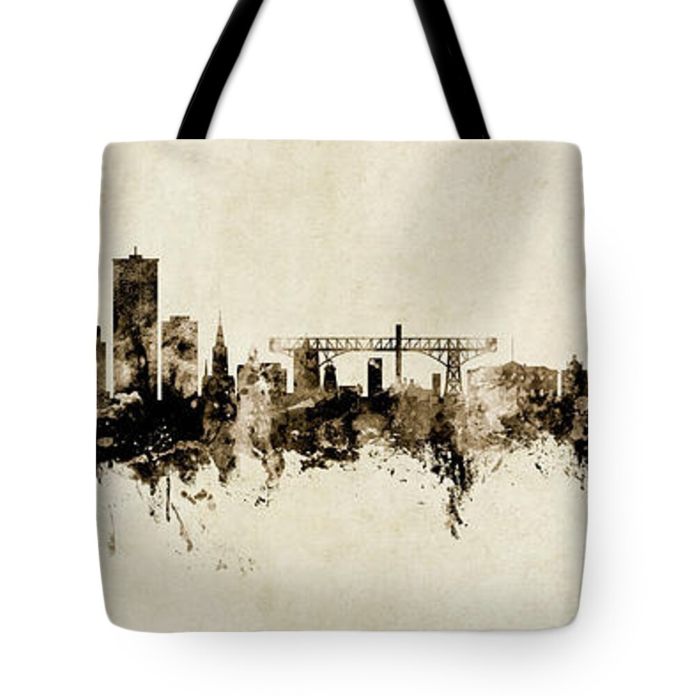 Rochester Tote Bag featuring the digital art Rochester NY and Warrington UK skyline Vintage mashup by Michael Tompsett