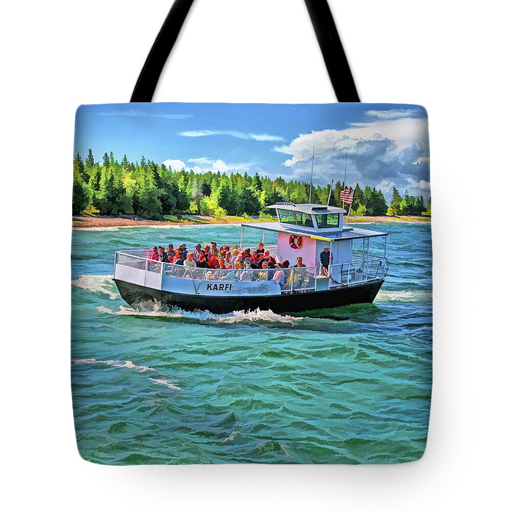 Karfi Tote Bag featuring the painting Rock Island Karfi Ferry Waves in Door County by Christopher Arndt