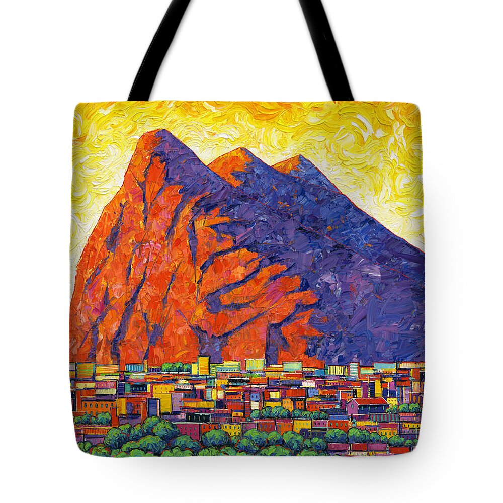 Gibraltar Tote Bag featuring the painting ROCK OF GIBRALTAR IN SUNSHINE commissioned palette knife oil large painting Ana Maria Edulescu by Ana Maria Edulescu