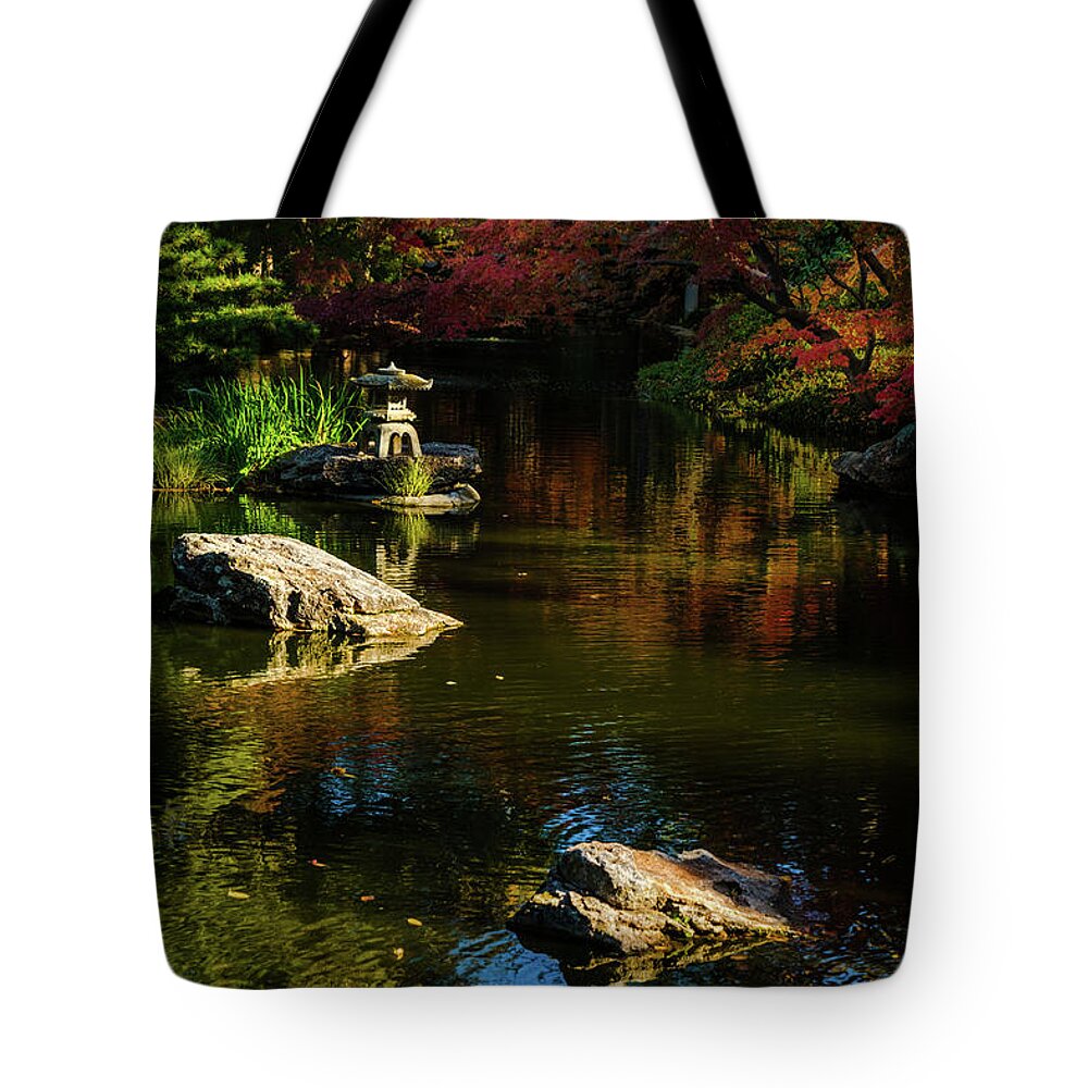 Red Maple Leaf Tote Bag featuring the photograph Rock of Pagoda III by Johnny Boyd