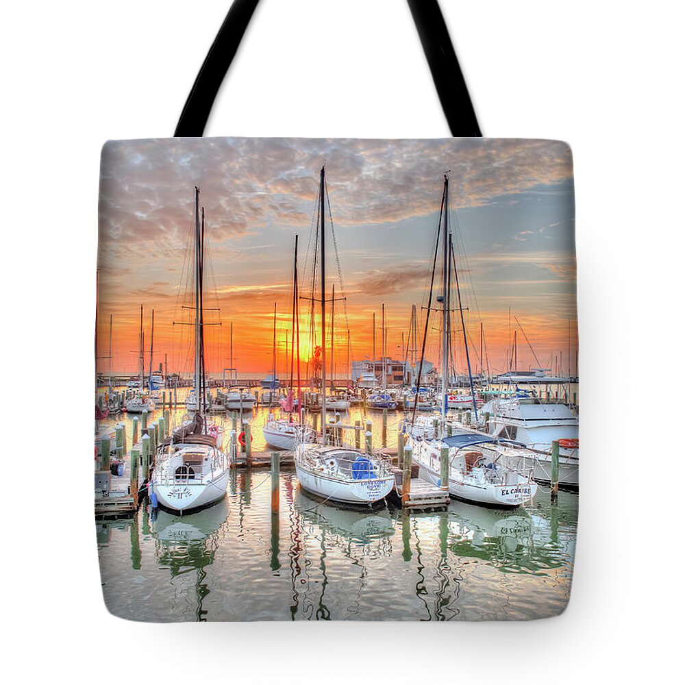 Sunrise Tote Bag featuring the photograph Rockport Marina by Maria Nesbit