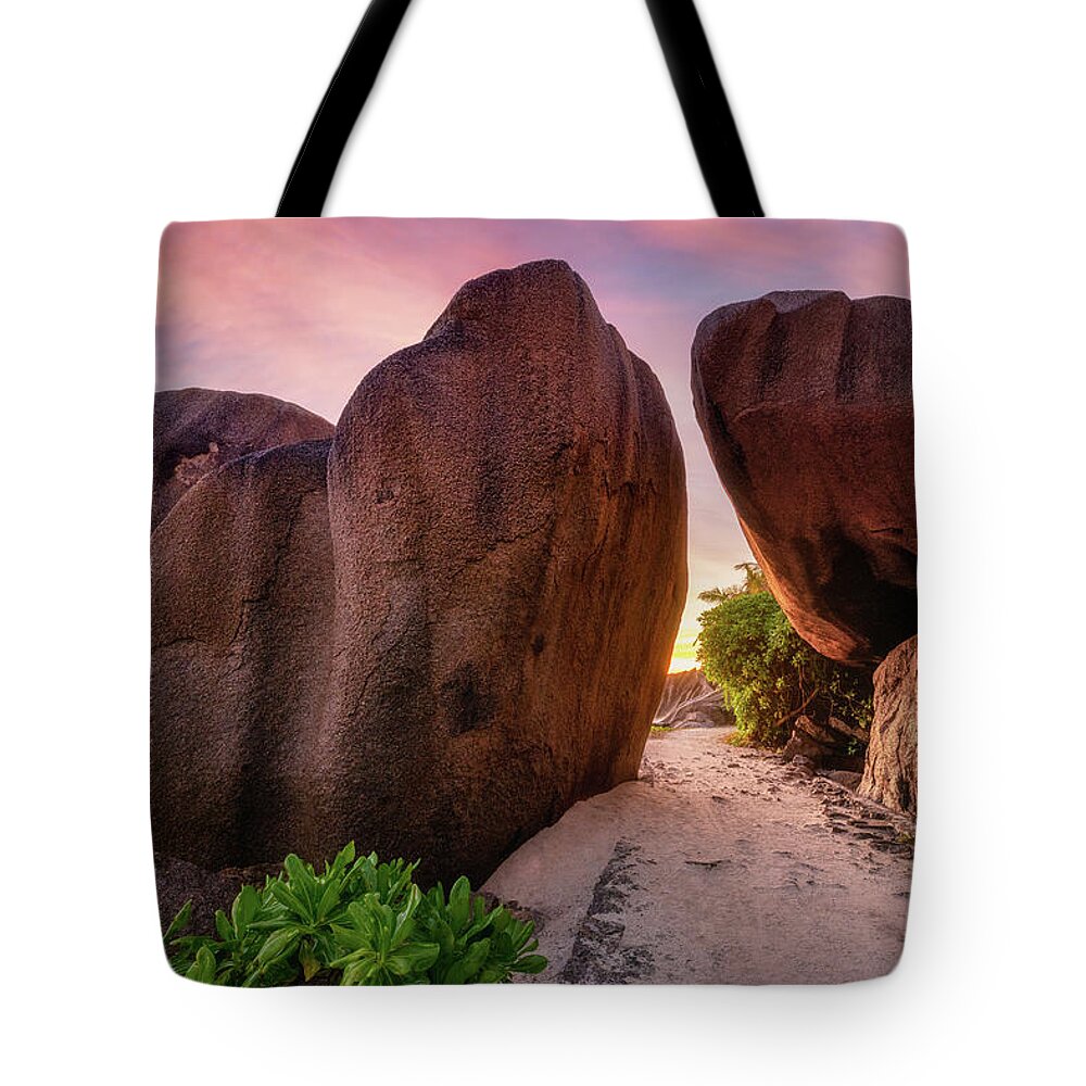 Tropical Tote Bag featuring the photograph Rocks at sunset by Erika Valkovicova