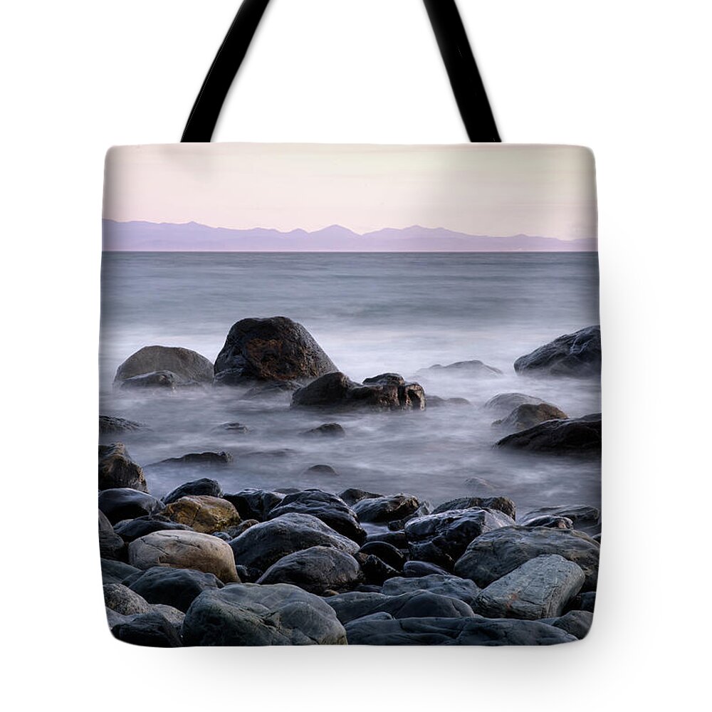 Mist Tote Bag featuring the photograph Rocky Beach at Sunset by Naomi Maya