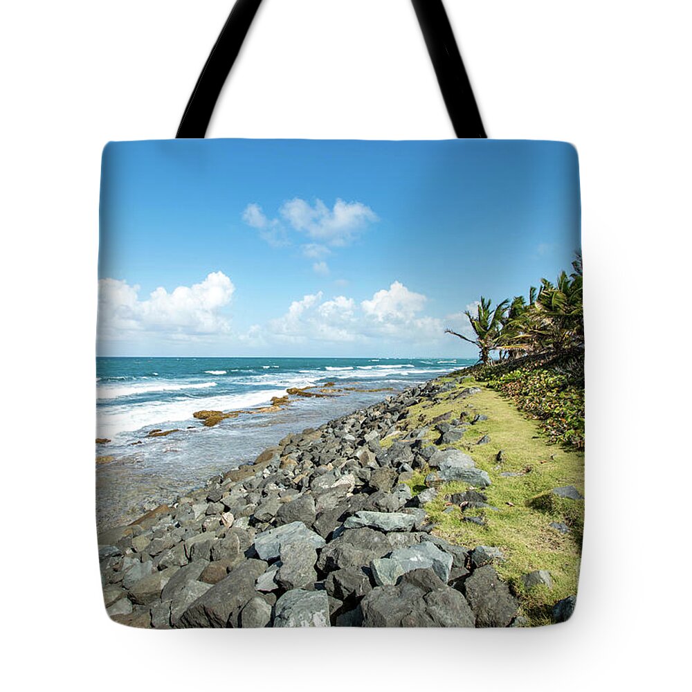 Palm Trees Tote Bag featuring the photograph Rocky Coastline, Old San Juan, Puerto Rico by Beachtown Views