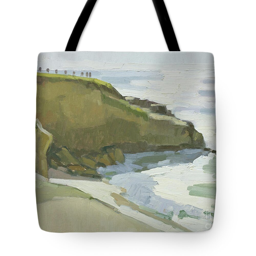 Rocky Point Tote Bag featuring the painting Rocky Point at Boomer Beach - La Jolla, San Diego, California by Paul Strahm