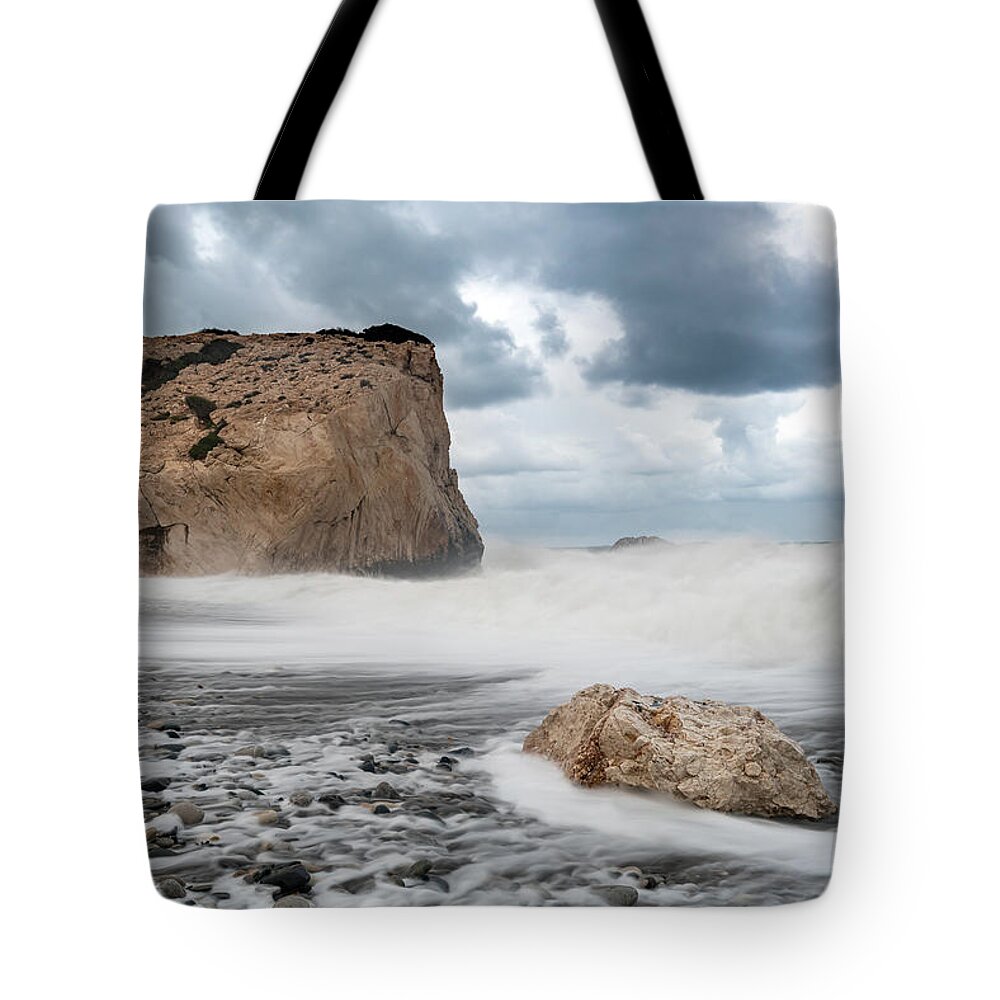 Waves Tote Bag featuring the photograph Rocky Seascape during Storm by Michalakis Ppalis